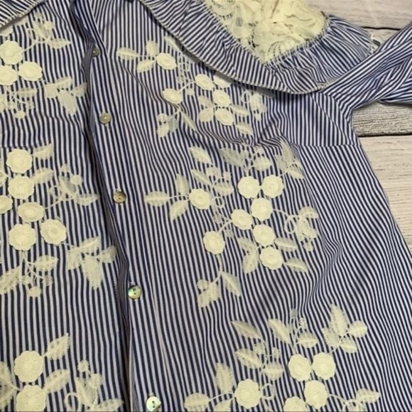 Hilary Radley Blue Striped Button Down with embroidered floral, lace , ruffles - Picture 9 of 10